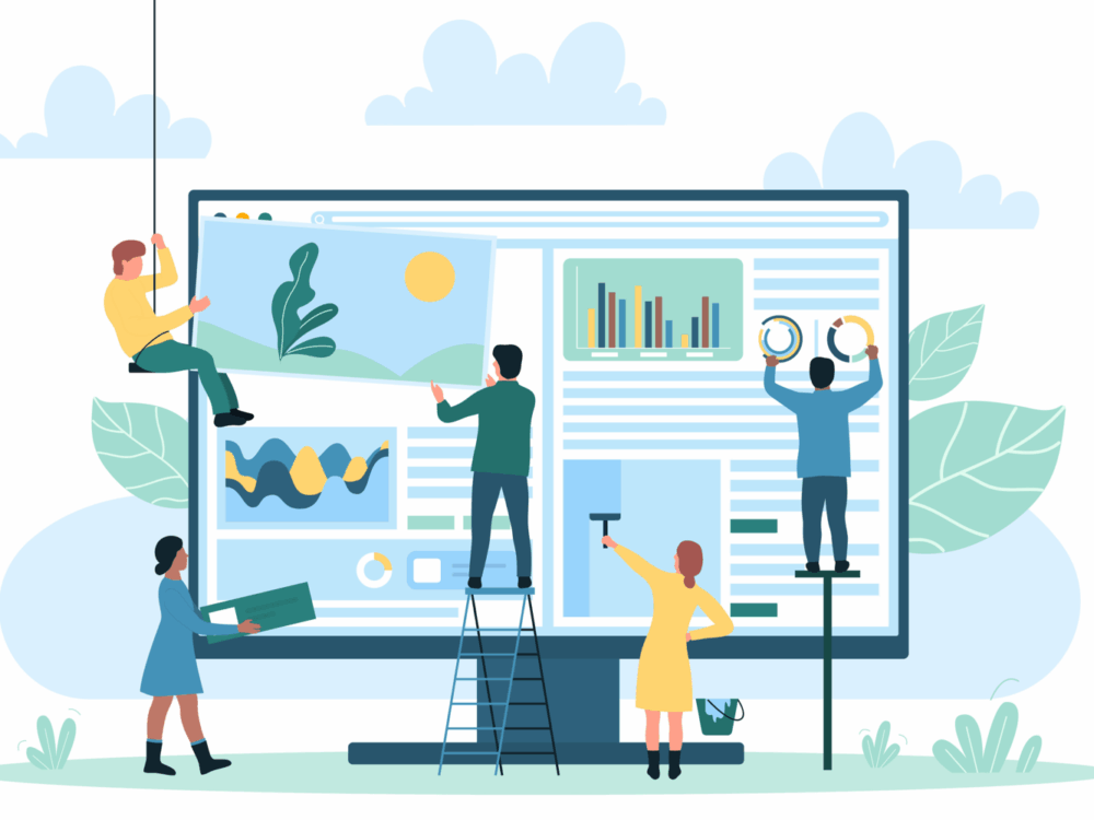 Illustration of five people collaborating to design a large website interface, adding images, graphs, and charts on a giant computer screen, using ladders and tools, with leaves and clouds in the background.