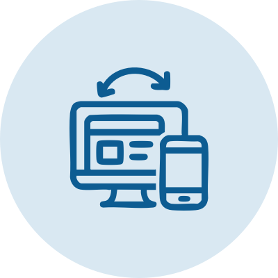 Blue icon of a computer monitor and a smartphone with a circular arrow above them, symbolizing synchronization or connectivity between devices, on a light blue circular background.