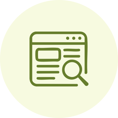 Green line icon of a webpage with text and image elements, accompanied by a magnifying glass symbol in the lower right corner, suggesting search or analysis. The background is a pale yellow circle.