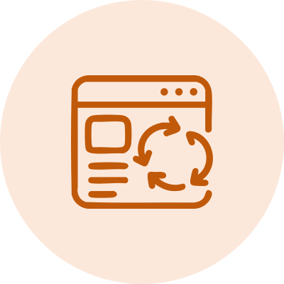 A brown outlined icon of a webpage with three circular arrows forming a loop in the center, symbolizing refresh or update, on a light peach circular background.