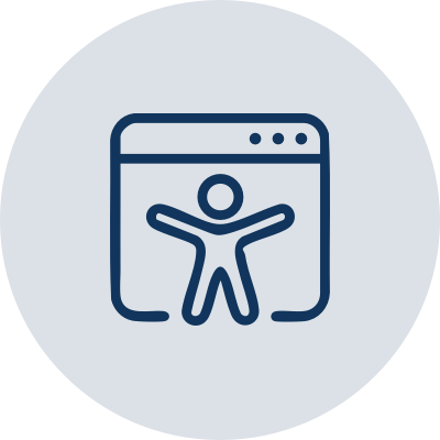 Simple blue line icon of a person with outstretched arms in front of a web browser window, symbolizing web accessibility, on a light gray circular background.