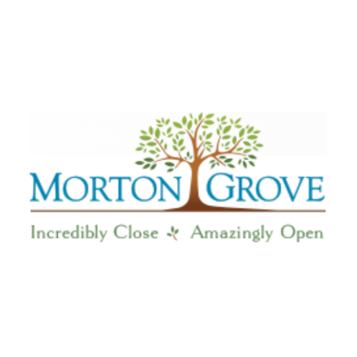 Logo for Morton Grove featuring a tree with green leaves. The text reads Morton Grove and below it, the slogan Incredibly Close • Amazingly Open in green.