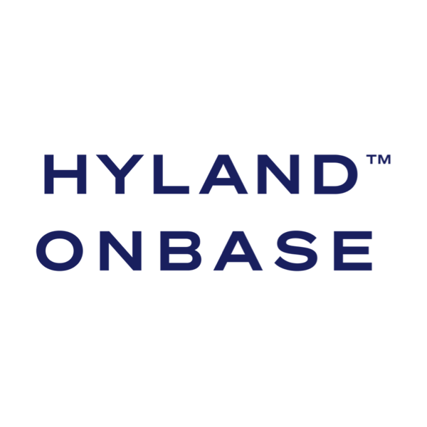 The logo for Hyland OnBase. The text HYLAND ONBASE is written in bold, blue capital letters on a light gray background.