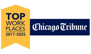 A yellow banner reads Top Workplaces 2017-2025 next to the Chicago Tribune logo in white text on a dark blue background.