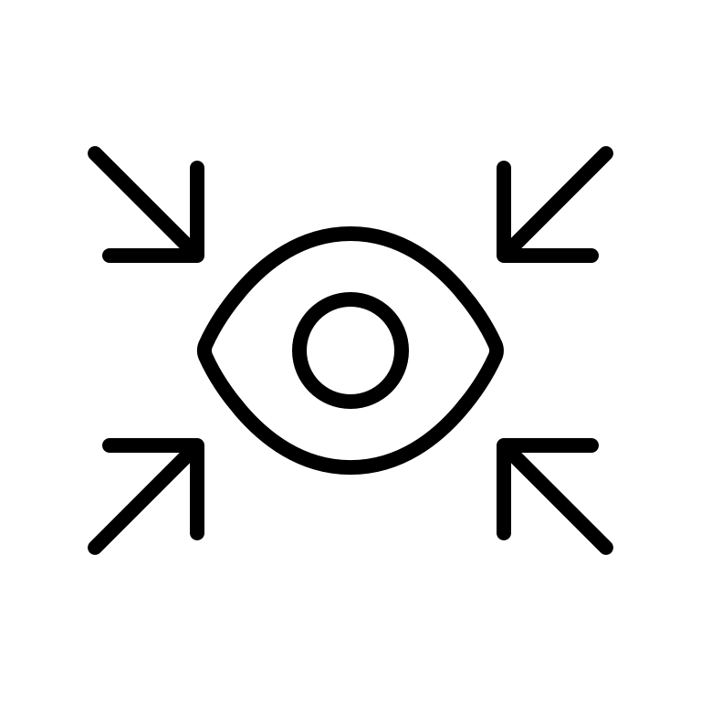 A simple black outline of an eye with a circle in the center, surrounded by four arrows pointing inward from each corner, on a white background.