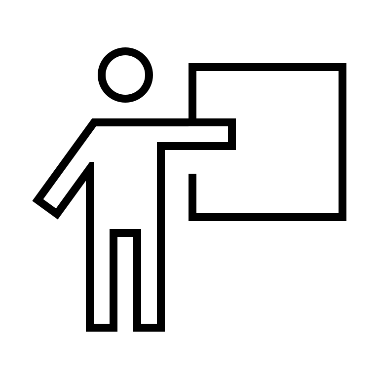 A simple black and white line drawing of a person pointing to a rectangular board, resembling a teacher giving a presentation or lesson.